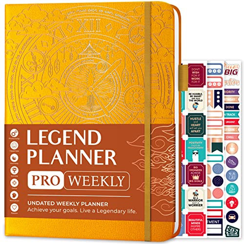 Legend Planner PRO – Agenda settimanale e mensile non datata per obiettivi e produttività, organizer per gestione del tempo, 18 x 25,5 cm, giallo