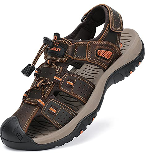 FLARUT Sandales Homme Pour Randonnée Fermé De Marche Chaussures | Cuir Véritable,Pointe Fermée,Semelle Caoutchouc Antidérapante,EVA Légère et Amortissante,Fermeture Autocollante