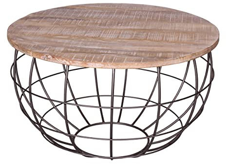 kreatives Wohnen Couchtisch rund ø 75 cm Wohnzimmer-Tisch Massivholz London Metall Gitter Drahtgestell weiß gekälkt, Holz, Extra breit