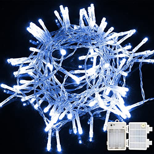 H HANSEL HOME Guirnalda Luces LED Pilas Luces Navidad Exterior Pilas 100 LED 8M Impermeable IP44 con 8 Modos Exterior y Interior Decoración para Habitacion, Bodas, Jardín, Fiesta - Luz Azul