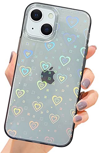 SmoBea Compatible with iPhone 13 Case, Clear Glitter Holographic Laser Love Heart Pattern, Soft TPU and Hard PC Shockproof Fashion Slim Protective Case for Girls/Women(Black)