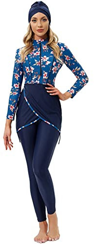 Damen Muslimische Ganzkörper Badeanzug Bescheidene Bademode Islamisch Arabisch Schwimmkostüm Reißverschluss Langarm Top Hose Hijab Burkini Set Modest Full Cover Muslim Badebekleidung Kirschblüten L