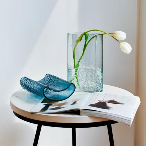 CYL Home Vase en verre soufflé à la main - Design unique en forme de lune - Arrangement floral - Texture vague d'eau - Décoration de table - 26,9 cm de haut - Bleu clair