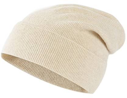 Lallier Unisex-Mütze aus 100% reinem Kashmir, gerippte Mütze mit Bündchen, warm, weich, mit Geschenkbox für Damen und Herren (Cremeweiß)