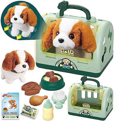 STAY GENT Roboter Hund Spielzeug Kinder Geschenke Mädchen Spielzeug ab 2 3 4 5 6 7 Jahre, 12 STK Rollenspiel Interaktives Elektronisches Hund Plüsch Kuscheltier Läuft Bellt & Transportkäfig Haustier