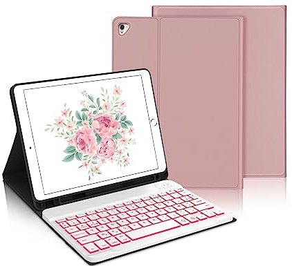 Coque Clavier pour iPad 6/5 EME Generation/Pro 9.7/Air 2/Air 1 9.7, Étui Keyboard 7 Couleurs Rétroéclairées AZERTY Layout sans Fil Bluetooth Amovible avec Porte Crayon pour iPad 9.7 2018, Rose