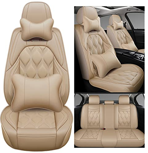 nenyan Autositzbezüge Komplett Set Universal in Premium Design | Schonbezüge für die Vordersitze & Rückbank | Auto Sitzbezüge Airbag Geeignet | Wasserdicht Sitzbezug - Beige Luxus