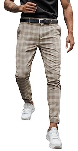 Hommes Chino Pantalon Slim Fit Rayé Casual Élastique Pantalon à Carreaux Business Pantalon de Sport Décontracté Coupe Ajustée Pantalon