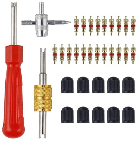 33 Pcs Car Tyre Valve Removal Tool Set | Tyre Valve Repair Kit | Dual & Single Head Valve Core Remover | 4-Way Valve Tool | 10 Pcs Tire Valve Caps | 20Pcs Valve Cores | Fit for Car Bicycle Auto