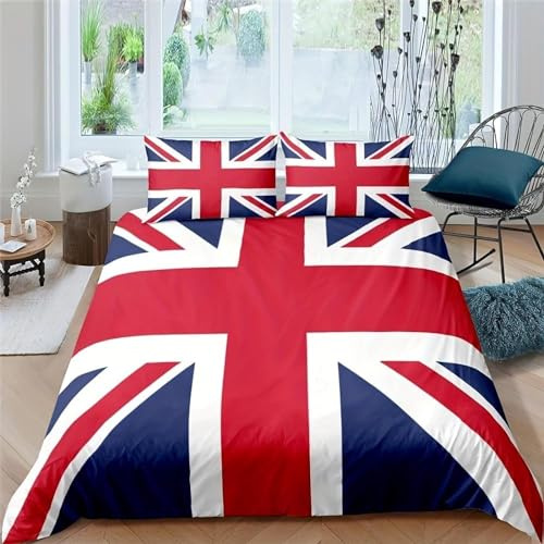 Housse de Couette 140x200 Anglais, Parure de Lit 1 Personne Drapeau 3D Imprimé Doux Microfibre Housse Couette Anglais avec Fermeture éclair 2 x Taie d'oreiller B403