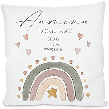 Manufaktur Liebevoll personalisiertes Kissen zur Geburt | Geschenk mit Namen für Mädchen und Jungen | Kissen mit Geburtsdaten für Neugeborene | Personalisiertes Geschenk zur Geburt (Motiv Regenbogen)