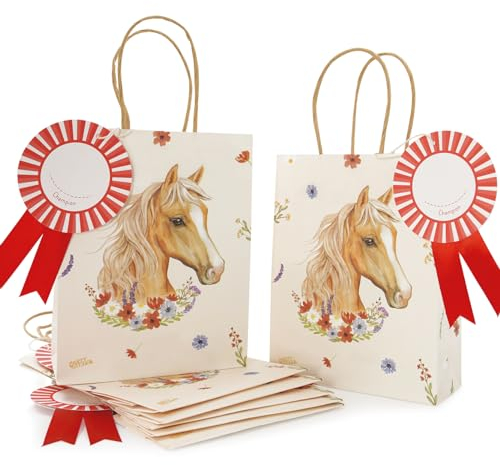 PARTY PARTY 8 Pferde Geschenktüten mit Turnierschleife als Namensanhänger und Blumenprint, Party Tüte Pferde Geburtstag, Pferde Mitgebsel Pferdegeburtstag, kleine Geschenke, 19x15 cm