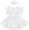 Newborn Infant Baby Girls Flower Lace Romper Dress Flutter Sleeve Princess Party Dresses Toddler Kids Summer One-Piece Cotton Bodysuit First Birthday Cake Smash Outfits Photoshoot White 3-6 Months