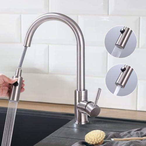 HOMELODY Wasserhahn Küche, Küchenarmatur 360° schwenkbar mit Brause Ausziehbar Küchenarmaturen, Mischbatterie Spültischarmatur mit 2 Sprühmodi, Hoher Bogen Hochdruck Armatur Küche, Edelstahl Gebürstet