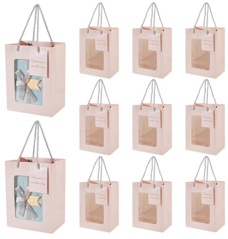 NBEADS 12 Pz Sacchetti Regalo con Finestra Trasparenti, 15x10x20cm Sacchetti di Carta Kraft Borse con Manico Sacchetti Regalo con Biglietti per Natale La Confezione di Regali di Matrimonio, PeachPuff