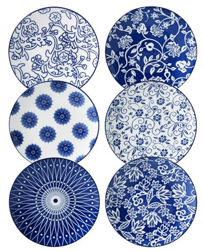 Gibsimi Ceramic Dessert Plates Set - 6 Inch Small Appetizer Plates for Kitchen - Salad Plate for Snacks Side Dish Cake, Gift, Microwave Dishwasher Safe, Vintage Blue