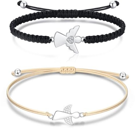 JENCVNL 2 Pièces Ange Gardien Bracelet Bracelet d'Ange pour Femmes Filles Bracelet Femme Cordon Porte Bonheur Bracelet Réglable Bracelet Couple Cadeau d'Anniversaire pour Maman Femme (Noir+Beige)