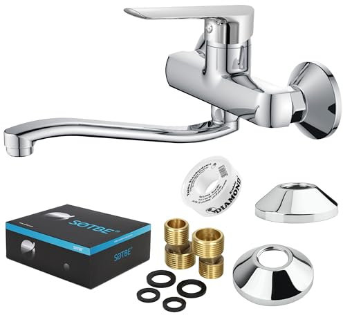 SOTBE MALSELVA - Wasserhahn Wandmontage Küche – MESSING - Küchenarmatur Wandmontage - Niederdruck Armatur, Waschtischarmatur für Küche – Armaturenauslauf 35cm
