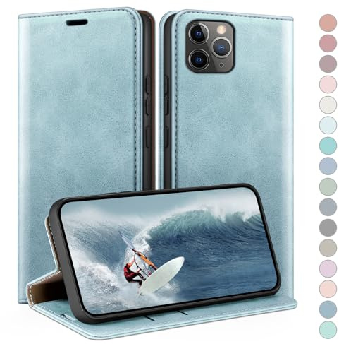 HUOUH für iPhone 11 Pro 5.8 Hülle mit RFID Schutzhülle aus Lederhülle Handyhülle,Kartenfach Leder ständer Handy hülle,360 Grad Schutz Cover für Apple 11 Pro Klapphülle Wallet Case Hellblau