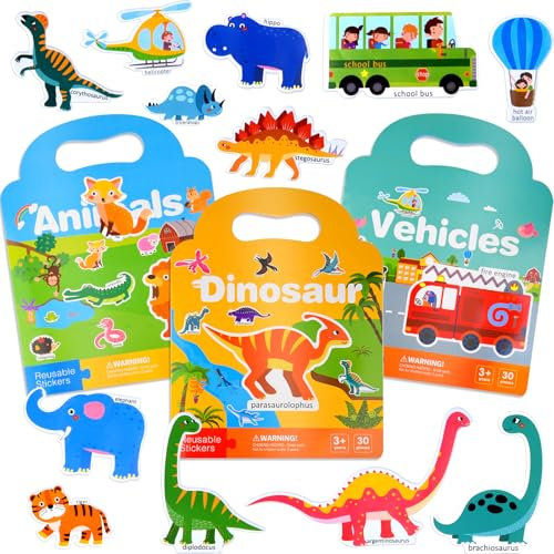 NEBURORA wiederverwendbares 3D-Stickerbuch für Kinder, 264 Stück Tier-Dinosaurier-Aufkleber, Reiseaufkleber und pädagogisches sensorisches Lernspielzeug, Szenenaufkleber und Beschäftigungsbuch