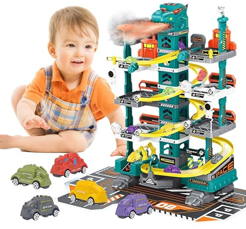 Sternstunde 7 Stockwerke Parkgarage für Kinder, Weltraum Dinosaurier Parkplatz Set, mit Parkhaus, Rampen, Aufzug, Inklusive 5 Autos, für 3-8 Jahre Jungen Geschenke Spielzeug