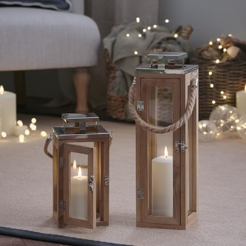 Lights4fun - Set di 2 lanterne in legno decorative nautiche a LED a batteria con manici in corda