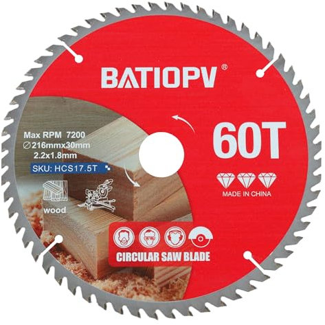BATIOPV Lame de scie circulaire 216 x 30 mm (60 dents) pour bois, panneaux de particules, contreplaqué, bois dur, etc. Compatible avec Dewalt Makita Bosch