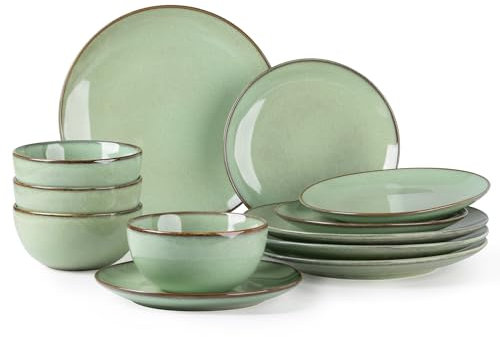 GBHOME Ceramic Dinnerware Sets for 4, 12 Pieces Stoneware Plates and Bowls Sets, Reactive Glaze Dishes -Scratch Resistant, Dishwasher&Microwave Safe-Pastel Green