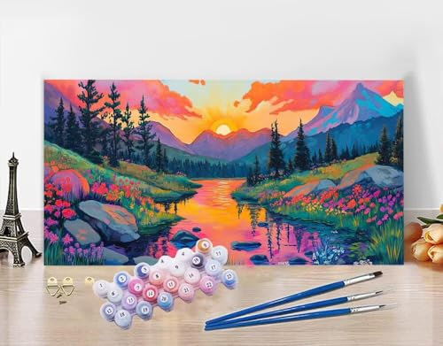 Malen Nach Zahlen Erwachsene Sonnenuntergang DIY Bastelset Erwachsene Frauen Malen nach Zahlen Berg mit Pinsein und Acrylfarbe, Paint by Numbers Anfänger Handgemalt Ölgemälde Kit Deko 80x160cm N5-234