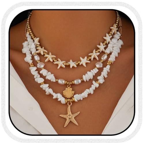 Zoestar Collier bohème en forme d'étoile de mer avec pendentif en coquillages dorés et perles pour femme, taille unique, /, Pas de gemme