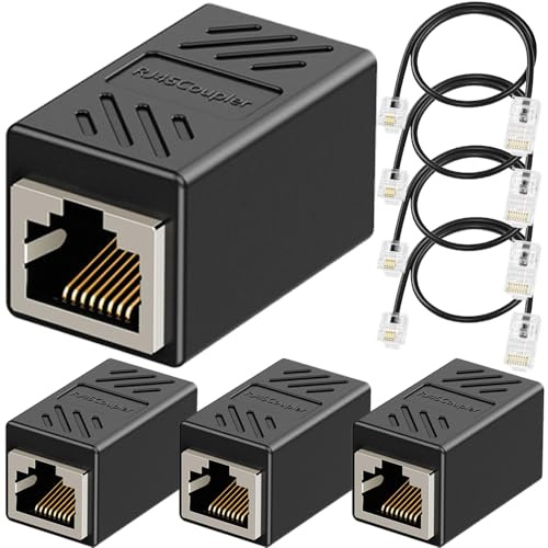 Xiatiaosann Phone Jack to Ethernet Adapter Connector, RJ11 6P4C Male to RJ45 8P8C Female Adapter, Telephone Jack to Ethernet Cable for Lanline, Fax, DSL (4Pack, Black)