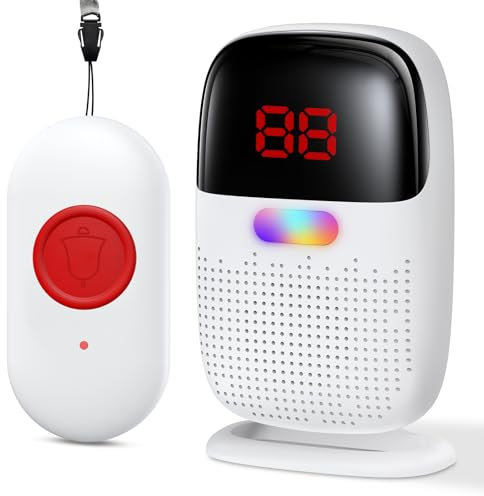 Pakinui Notrufknopf für Senioren, Notruf Armband mit Digitalanzeige, Kabellos Hausnotruf Senioren USB-Aufladung, Tragbares Notfall Knopf Alarm Seniorenmit 38 Klingeltöne (1 Sender 1 Empfänger)