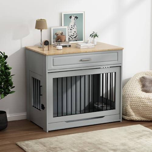 Hundekiste Möbel, Hölzerne Hundekäfig mit Klappe nach Oben Tür und Schublade, Möbel Stil Indoor-Hundezwinger End Tabelle mit 360 ° Drehbare Hundenapf Grau