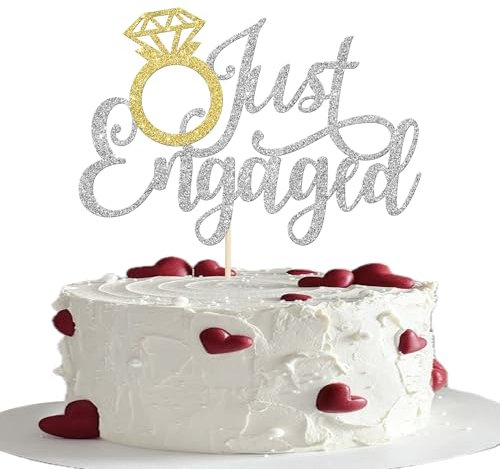 Xsstarmi 1 Pack Just Engaged Cake Topper Gold Ring Glitter Silver Bridal Shower Cake Pick for We're Engaged Theme Wedding Engagement Party Cake Decorations