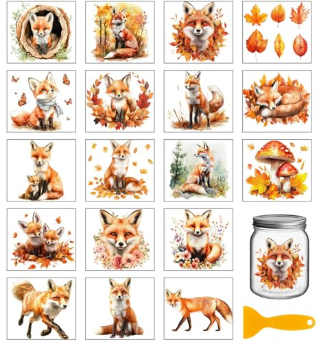 GLOBLELAND 18 Blatt Herbstfuchs Transferfolien Zum Basteln Ahornblätter Wasserfest UV DTF Becherfolien Herbst Erntedank Tiere Aufkleber Für Wasserglas Flaschen Vasen Porzellan