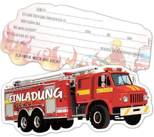RFBEUTEL 12x Feuerwehr Einladungskarten Partyeinladungen Kindergeburtstag Geburtstagseinladungen für Kinder Junge Feuerwehrauto