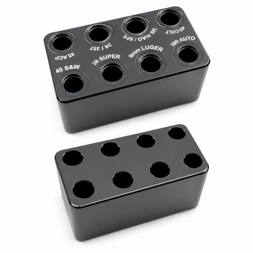 Misuratore di cartucce multi-calibro per ricarica – Controllo rapido OAL/diametro – Blocco in alluminio anodizzato – 9 mm, .380 Auto, .45 ACP, .40 S&W, .38 Super,.357/.38,.44 Mag/Spl,.45 Colt