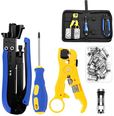 QWORK® Abisolierwerkzeug Koaxialkabel Set, Kompressionszange und Abisolierzange mit 20 F-Kompressionssteckern, für RG6, 75-5, 75-7 Kabeltypen