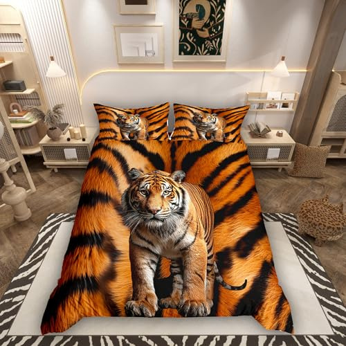 Homemissing Tiger Print Bettwäsche Set 135x200cm Wildtier Bettbezug für Jungen Mädchen Natur Betten Schlafzimmer Dekor mit 1 Kissenbezug