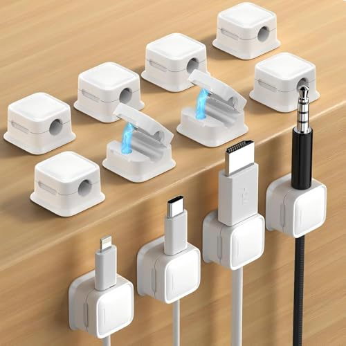 8 Stück Kabelhalter, Kabelclips Selbstklebend, Cable Holder Magnetisch für Schreibtisch, Netzkabel, USB Ladekabel, Ladegeräte, Audiokabe (Weiß)