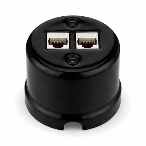 Aufputz Porzellan Retro Netzwerkdose CAT.7 2-fach, All-in-One, Serie QR1 schwarz