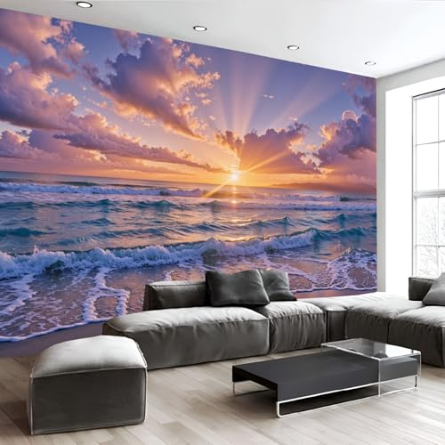 Papel Pintado Costa Paisaje, 300Anx210Al cm, Amanecer Paisaje Marino Pared Murales Decorativos Pared Papel Tapiz Impermeable Para Cocina Baño, Fotomurales Pintura Arte Sala, Oro