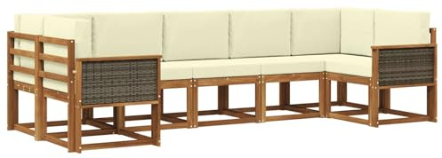 vidaXL Outdoor-Sofagarnitur 7 pcs Natur und Creme Massivholz Akazie, Garten-Sofa-Set, modernes Outdoor-Modular, Patio-Sitzgruppe, Akazienholz-Möbel, Lounge für den Hinterhof