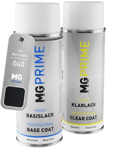 MG PRIME Autolack Sprühdosen Set für Mercedes 040/9040 Schwarz/Black Basislack Klarlack Spraydose 400ml