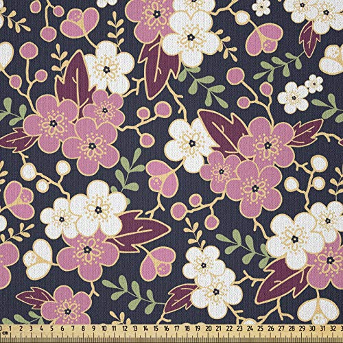 ABAKUHAUS japanisch Stoff als Meterware, Nachtgarten Sakura, Microfaser Stoff für Dekoratives Basteln, 1M (230x100cm), Schwarz Rosa Weiß