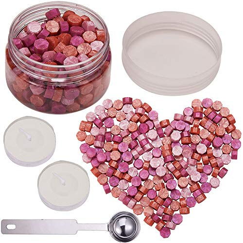 craspire 210 Stück achteckige Siegellackperlen mit Aufbewahrungsbox + 2 Teelichter + 1 Siegellachslöffel, Siegellack für Wachsstempel, Mischfarbe (Rose)