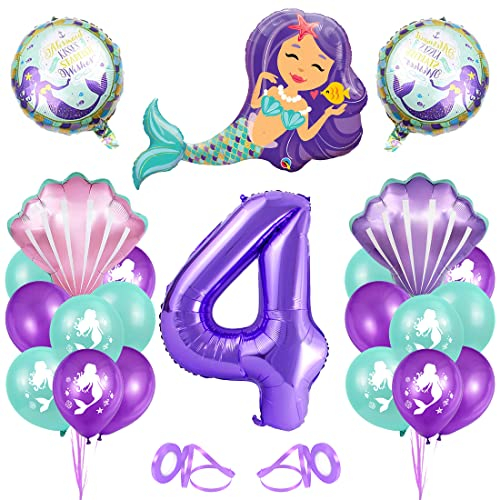4. Geburtstag Mädchen Meerjungfrau Deko, Meerjungfrau Luftballon 4, Meerjungfrau Geburtstag Deko 4 jahre, XXL Folienballon Mermaid Lila, für 4 Jahre Meerjungfrauen Thema Party