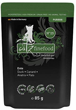 catz finefood Purrrr Ente Monoprotein Katzenfutter nass N° 115, für ernährungssensible Katzen, 70% Fleischanteil, 16 x 85g Beutel