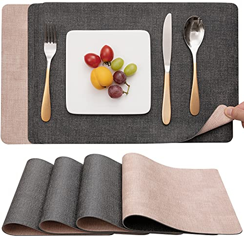 Myir JUN Tischsets Abwaschbar und Untersetzer 4er Set, Platzsets Abwaschbar Doppelseitig Bedruckt Kunstleder Schmutzabweisend & rutschfest, Platzdeckchen Abwischbar Lederoptik für Küche & Esszimmer