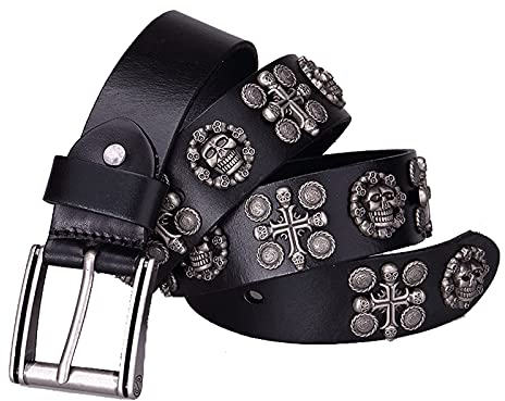 DFGGE Nietengürtel Gürtel Herren Rindsleder Ledergürtel mit Totenkopf Kreuz eschnitzte Niete in kreisrunder Anordnung Punk Gothic für Jeans, Hosen,Schwarz,120cm(40~42)